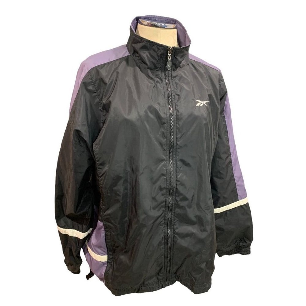 XL Reebok Women's Vintage Y2K Black Purple Windbreaker Full Zip Jacket